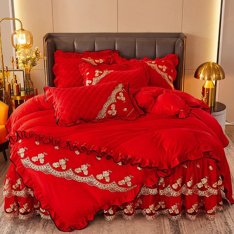 Comforter Bed Sheets and Skirt Bed Set Home Full Size Lace Velvet Embroidery Bedding Set Bedspread Bed Cover