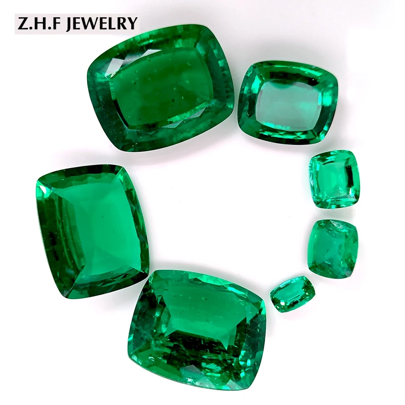 ZHF Wholesale and cut Colombian Lab Grown Emerald Cushion  Cut  Hydrothermal Created loose gemstones