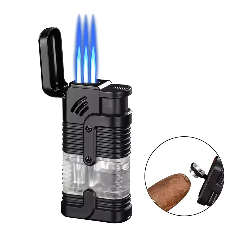 CIGARLOONG Visible Transparent Triple Jet Flame Lighters Gas Chamber Windproof Lighter With Cigar Punch
