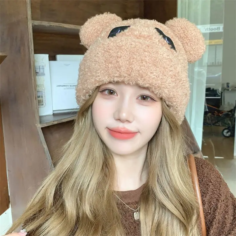 Hat Winter Female Cute Fashion Panda Lambswool Knitted Hat Thick Warm Earflaps Cartoon Plush Sleeve Cap