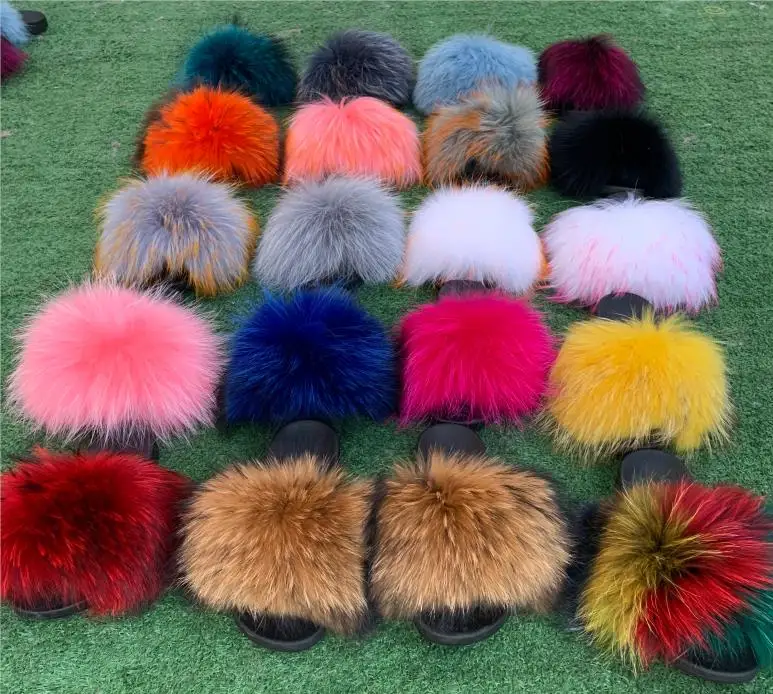 
Fashion summer custom logo soft EVA sole luxury fluffy pink slides furry slipper women 