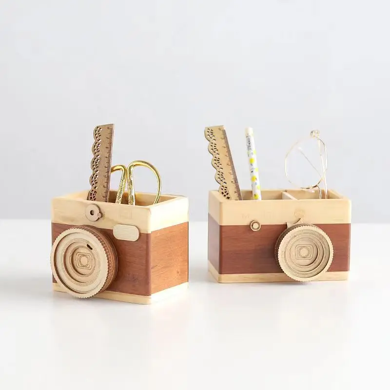 Wood Pen Holder Stand for Desk Camera Pencil Cup Pot Cute Desktop Office Supplies Makeup Brushes Organizer