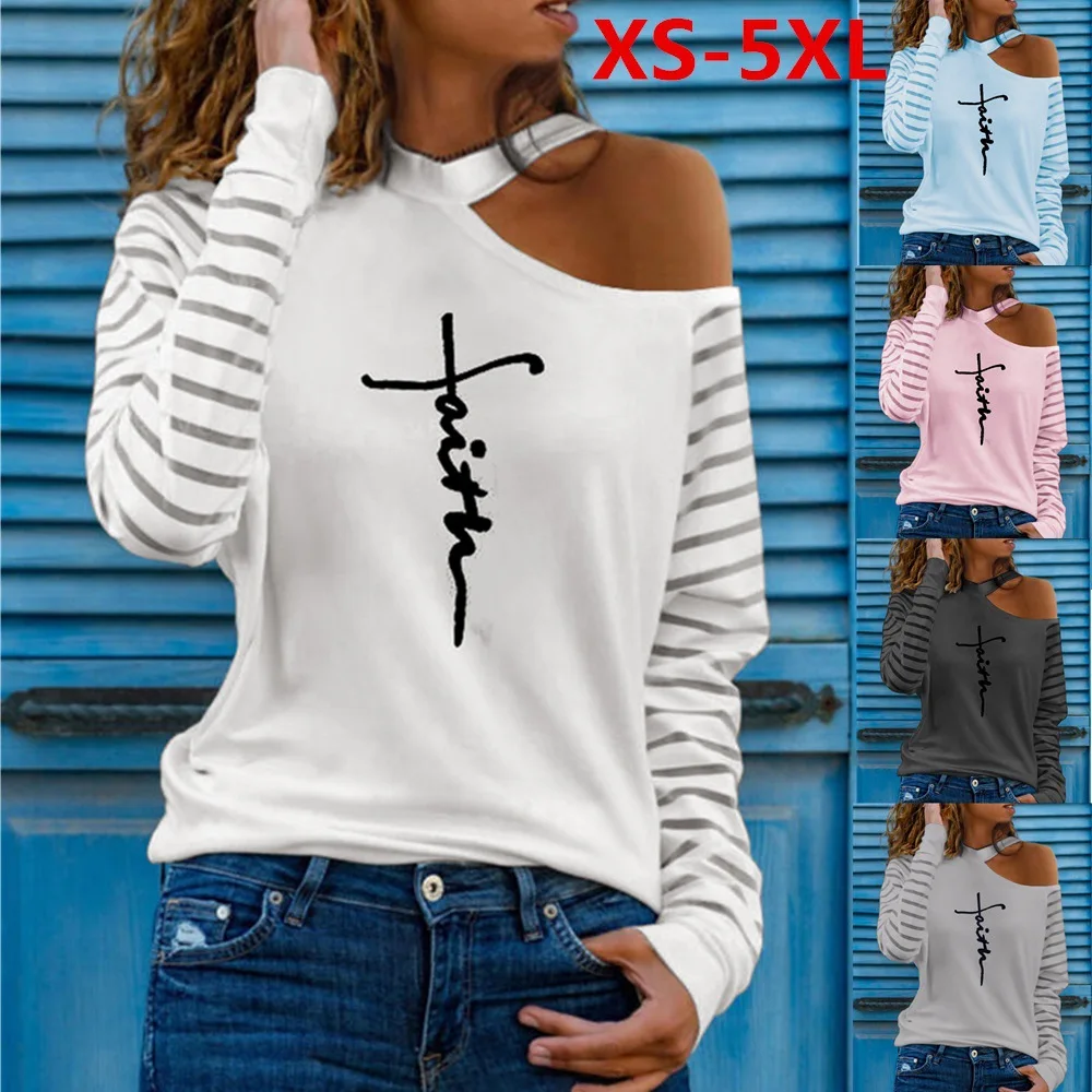 Autumn ladies long sleeve diagonal shoulder letter print T-shirt plus size top