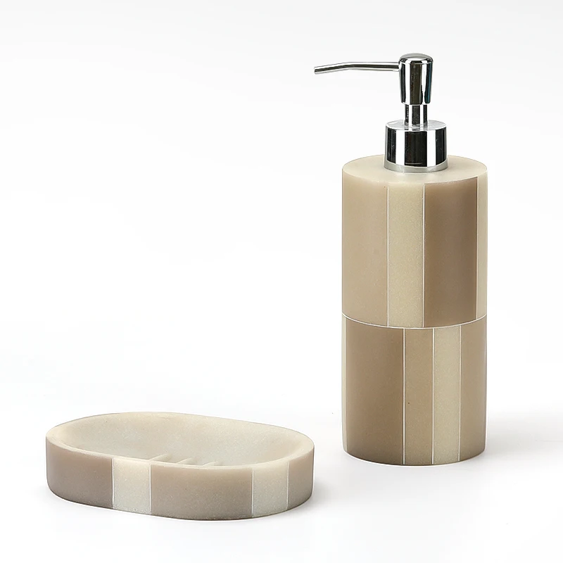 Custom Resin Bathroom Set Soap Dish Lotion Dispenser 4-Pieces Bathroom Accessories Set Beige Stripe Resin Bathroom Accessories