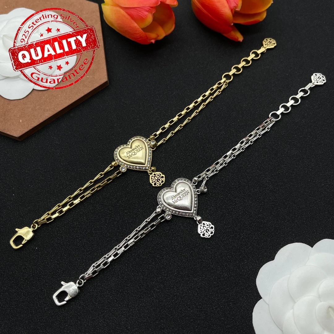 Alexanderxx McQueens Factory Wholesale 925 Silver Punk Style Two-color Heart-shaped Zircon Pendant Bracelet to Give to Friends
