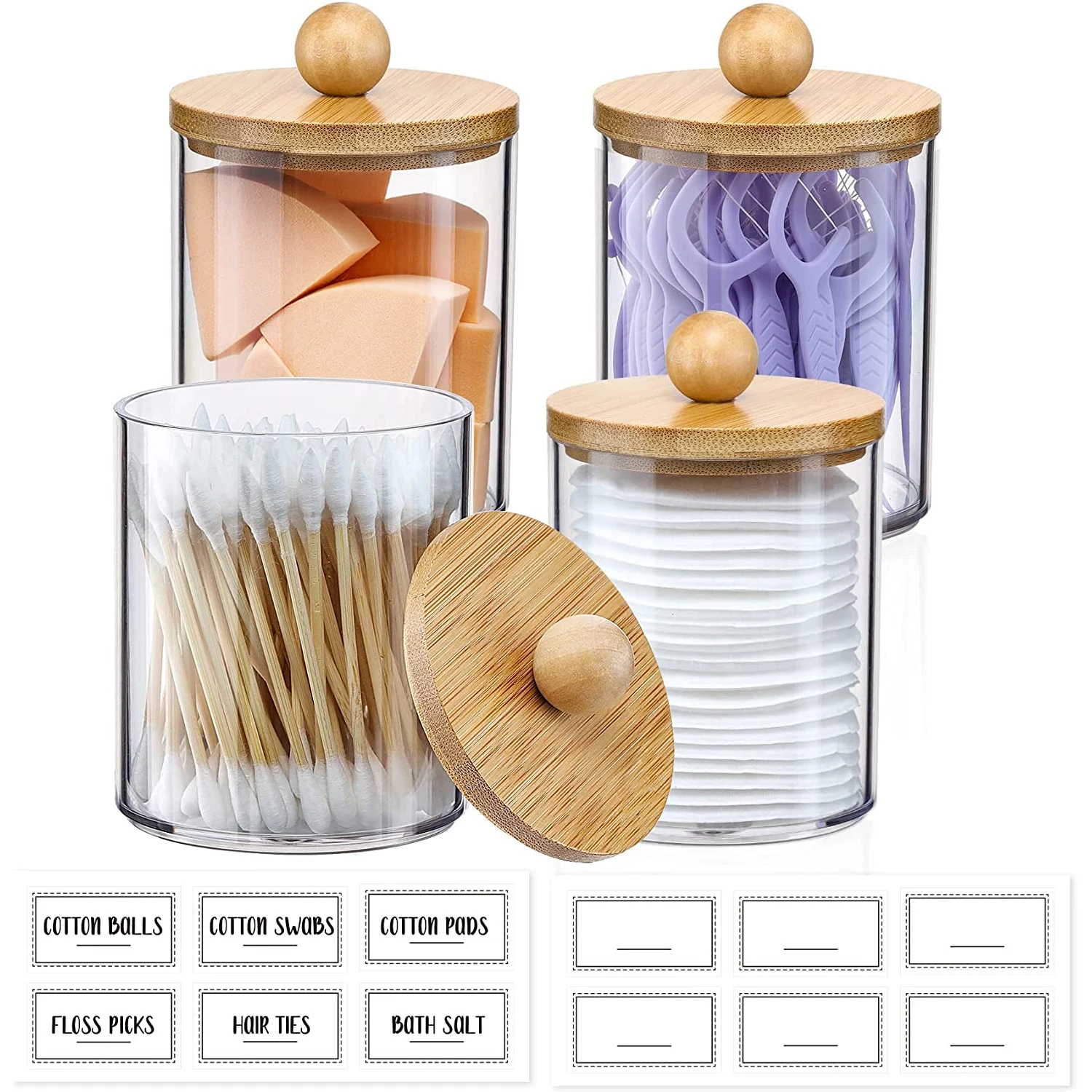 High Quality Holder Dispenser Clear Plastic Apothecary Jar Storage Containers For Cotton Swab Ball Pads Floss With Bamboo Lids