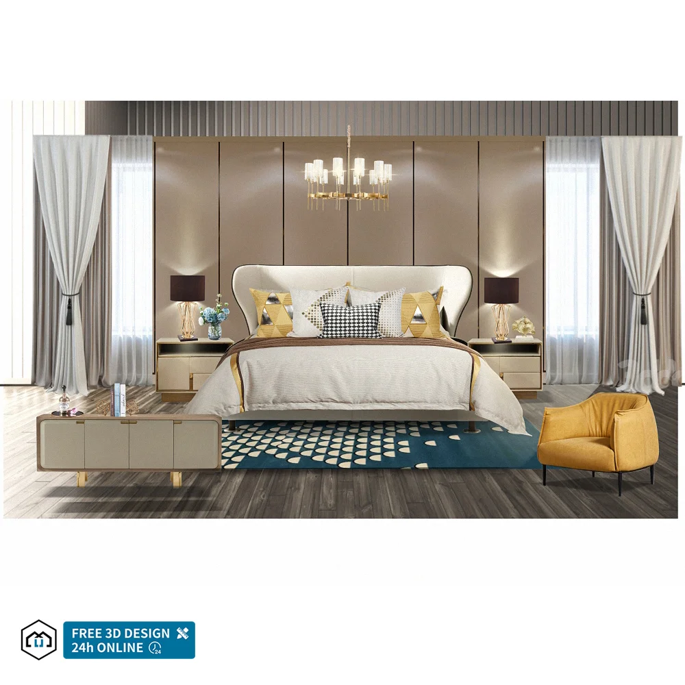 One Stop Luxury Furniture Solution Modern Up-holstered Beds Designer Villa Bedroom Set Combination