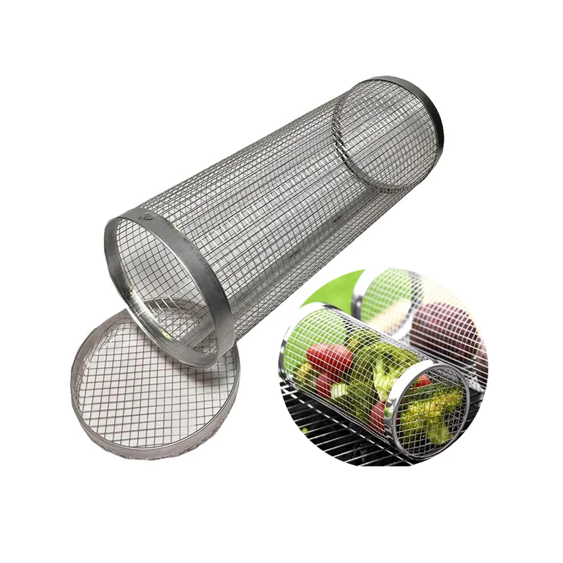 Stainless Steel Rolling Grilling Baskets Wire Mesh BBQ Grill Basket for Outdoor Grilling