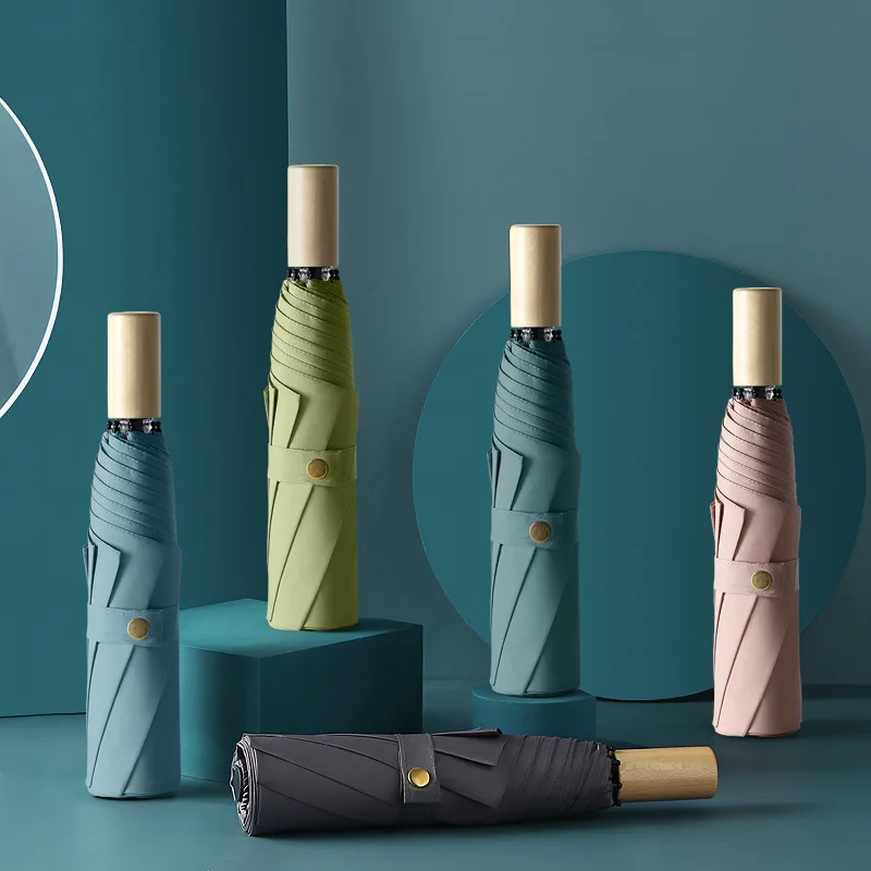 New three fold umbrella creative small fresh umbrella solid wood sunscreen unique umbrella for women