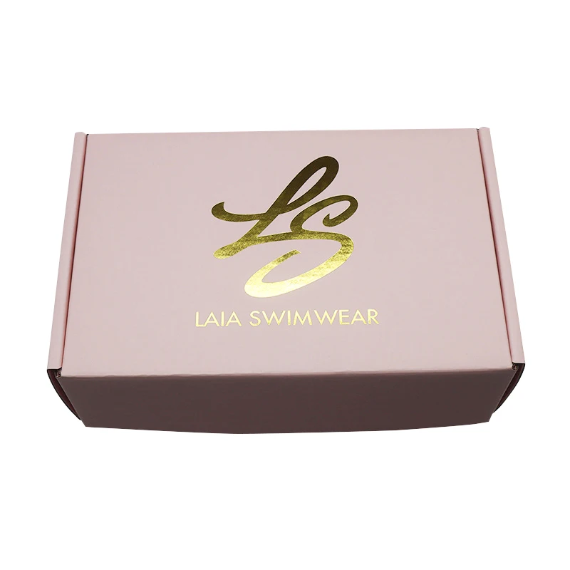 Custom size pink printed logo two-sided gold stamping 3-ply corrugated clothing swimwear paper packaging box