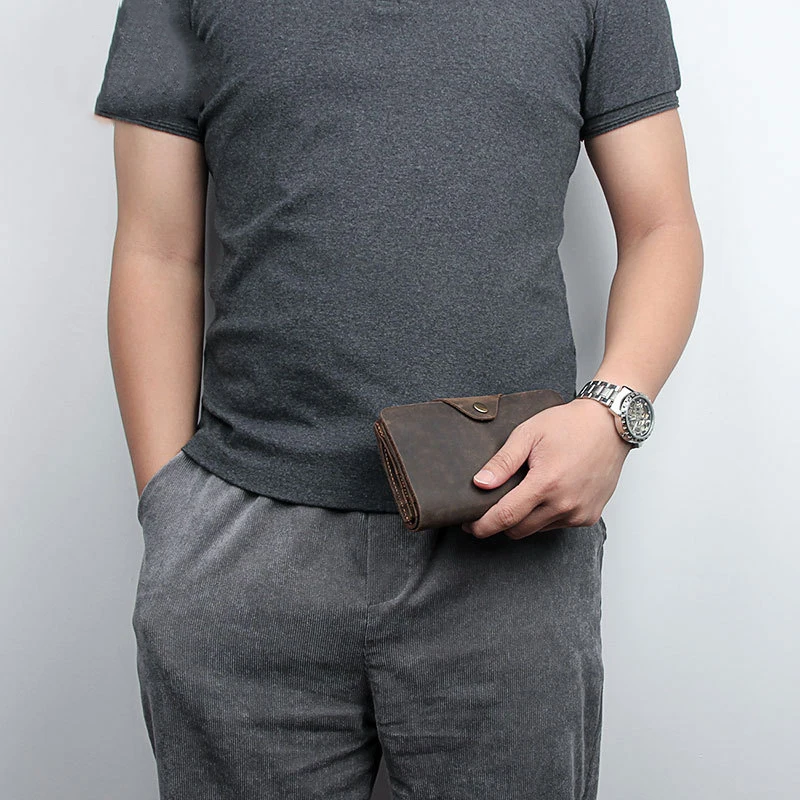 100% Handmade Crazy Horse Leather Long Card Holder Slim Bifold Cow Leather Men Wallet Wholesale