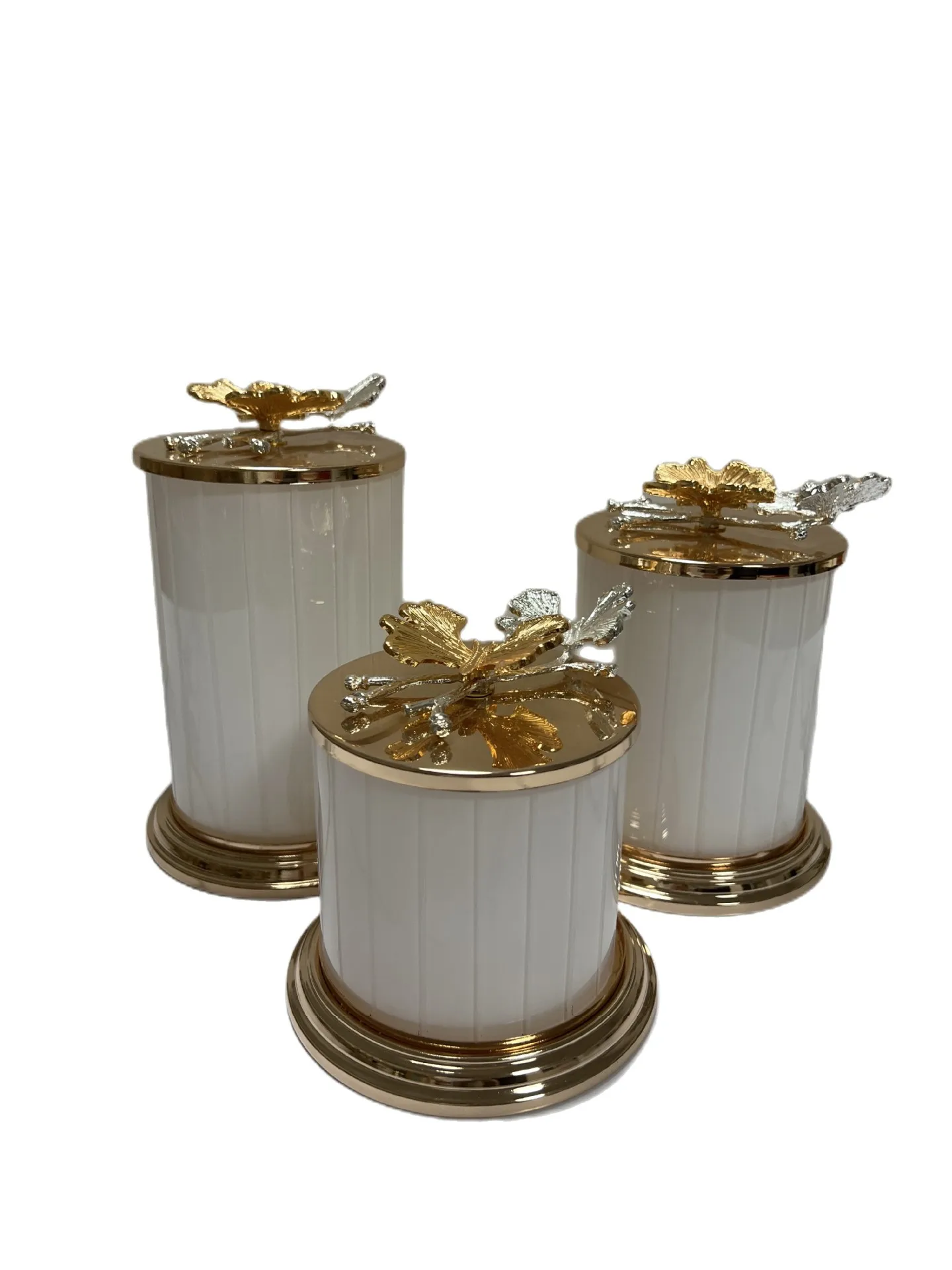 wholesale gold white glass gifts coffee candy tea sugar canisters container jars storage with leaf lid for kitchen decoration