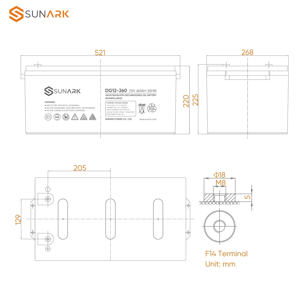 Sunark Rechargeable Gel Battery Plates 12V 100Ah 200Ah 260Ah Valve Regulated Lead Acid Battery