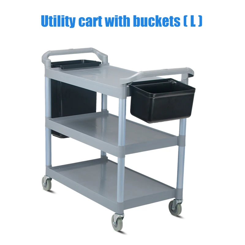 Commercial hotel restaurant large three-layer plastic trolley with hanging bucket food delivery service cart
