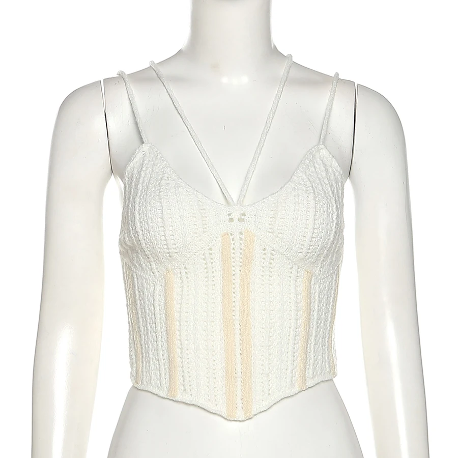 W21L06132 Womens Clothing 2021 Knitted V-neck Halter Camis Tops Sexy Backless Crop Top