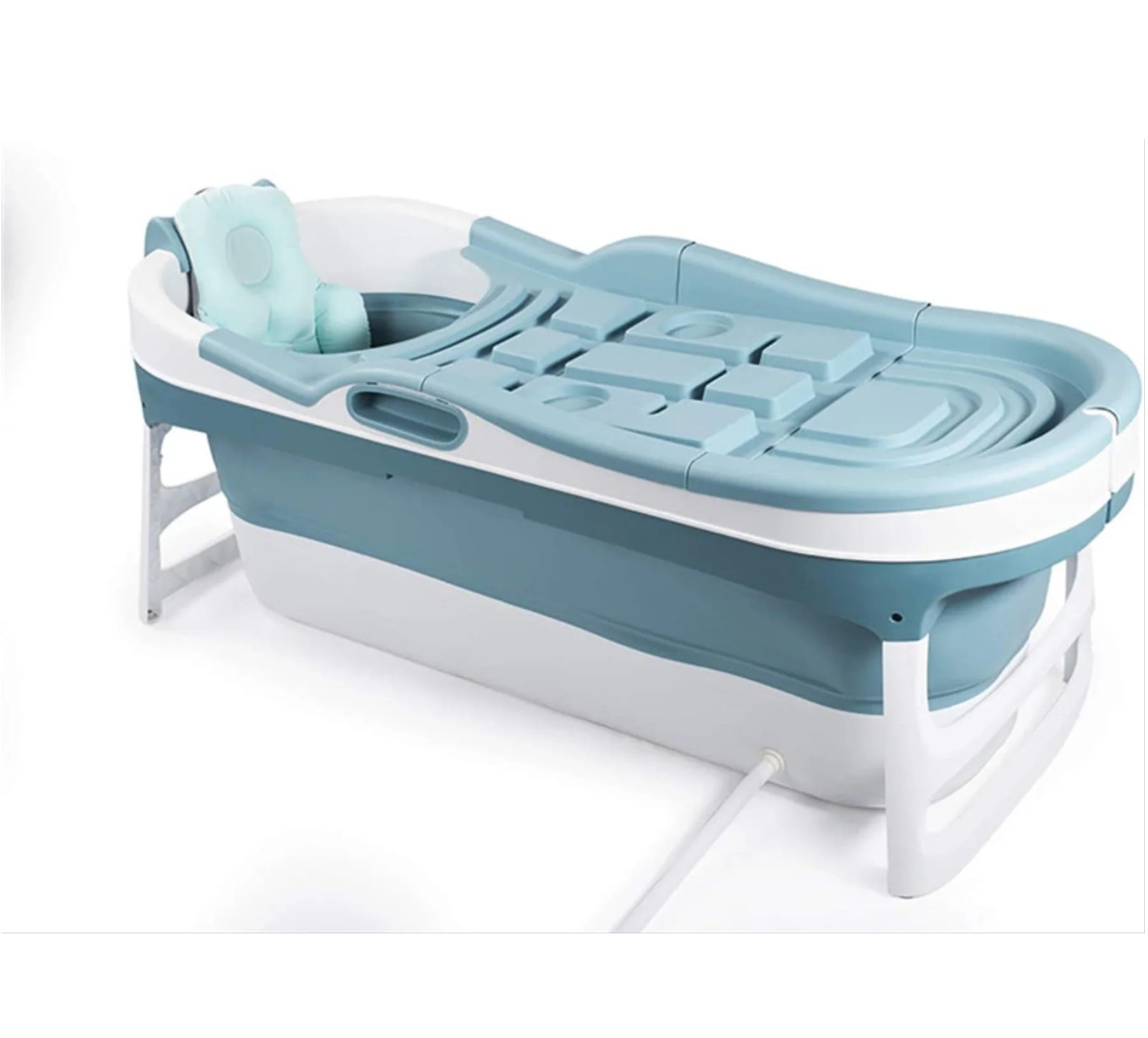Foldable bath Blue+ Cover, extra long drain hose and bath cushions - Extra Long 148 cm - Adult seating bath bucket