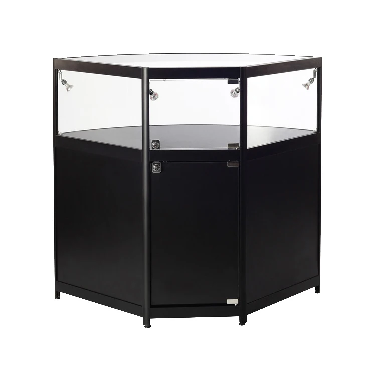 Aluminum frame silver pink color glass and MDF corner showcase design with storage cabinet