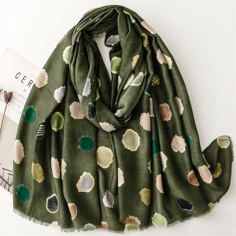 European fashion 180*90cm soft viscose gold foil scarves women print cotton hijabs black and white polka dotted printed shawls