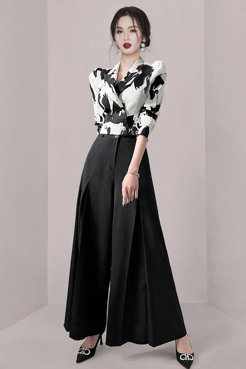 Droma America and European style clothing elegant suits slim print suit jacket high waist fashion wide leg trouser suit