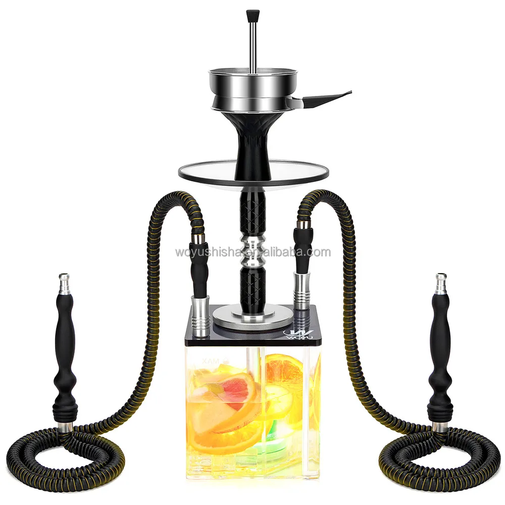 New Design Square Hookah Box with handle 2 Hose Led Sheesha Pipe  Wholesale Cheap Custom Acrylic Hukka Shisha