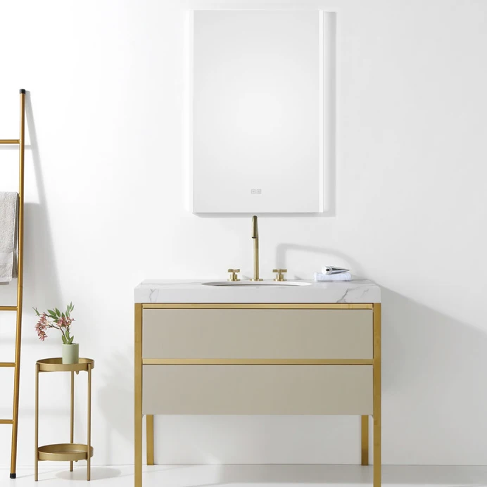 New Design Golden Metal Floor Standing Bathroom Mirror Vanity Storage Cabinet With Single Sink