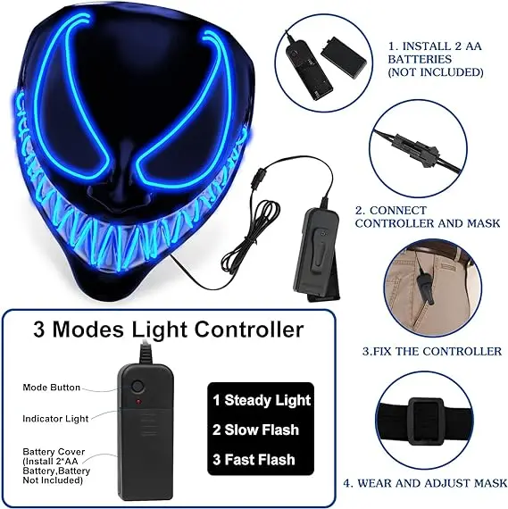 LED Halloween Costume Mask Light Up Scary Mask with Glowing Masquerade Evil Mask for Cosplay Parties