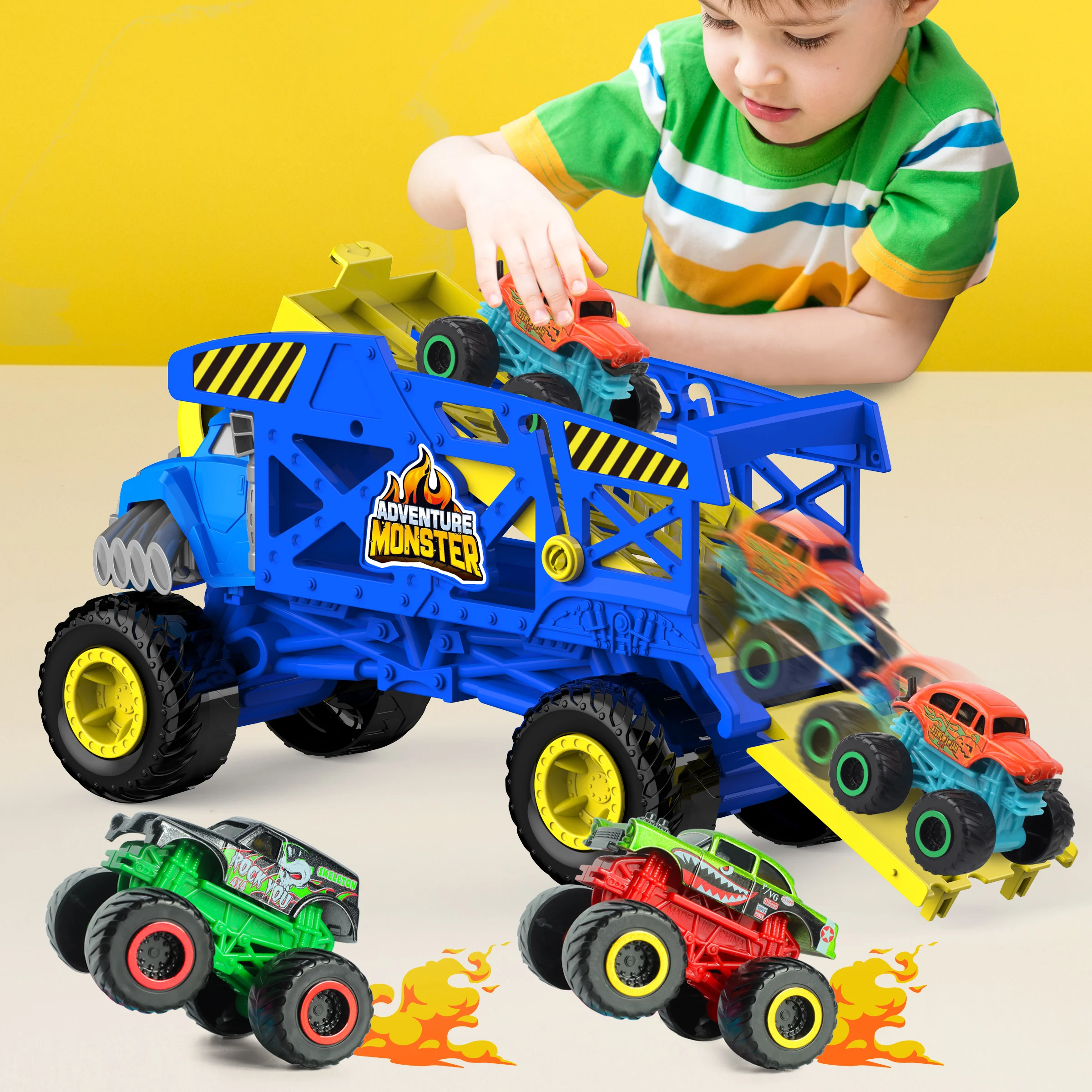 Sunq Factory Cheap Transport Carrier Car Toy Includes 3Pcs Diecast Off Road Vehicle Monster Truck For Kids