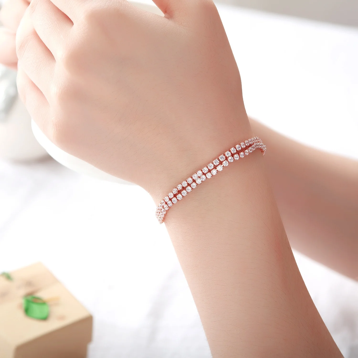 2020 Hot Selling Fancy Crystal Jewelry Rose Gold Double Raws Adjustable  Push-pull Crystal Chains Brass Bangle Bracelets Women