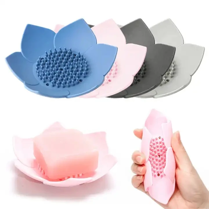 Flexible Silicone Plates Lotus Flower Shower Bath Tray Soap Box Soap Dish Storage Drain Soap Holder Saver Bathroom Gadgets