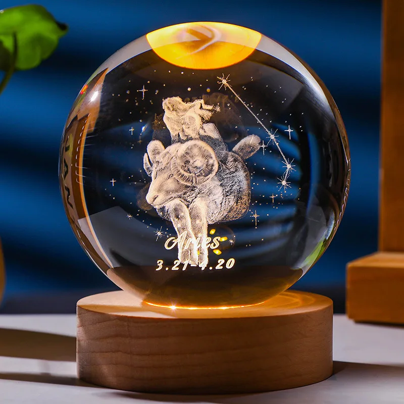 12 constellations 12 zodiac signs 60/80mm Glass Solar System Planet Sphere 3D Laser Engraved Galaxy Crystal Ball Wood LED Light