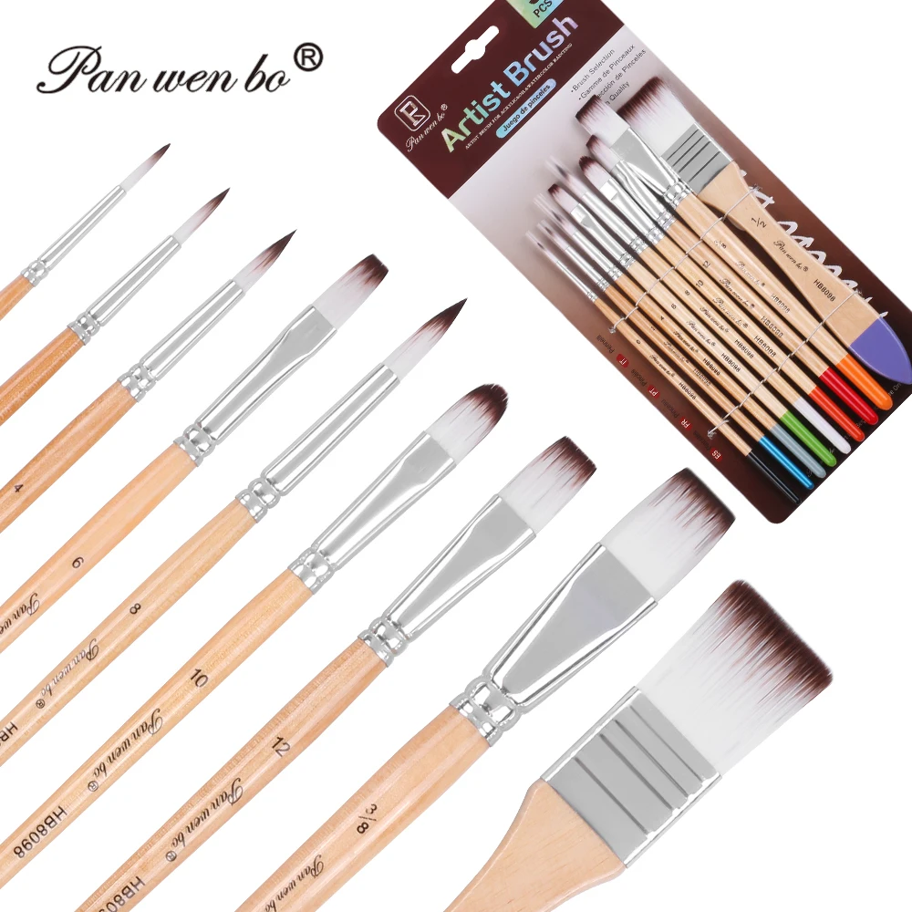 Panwenbo Good Quality 9pcs Art Paint Brushes Wooden Handle Nylon Hair Acrylic Watercolor Painting Brush for Students Artist