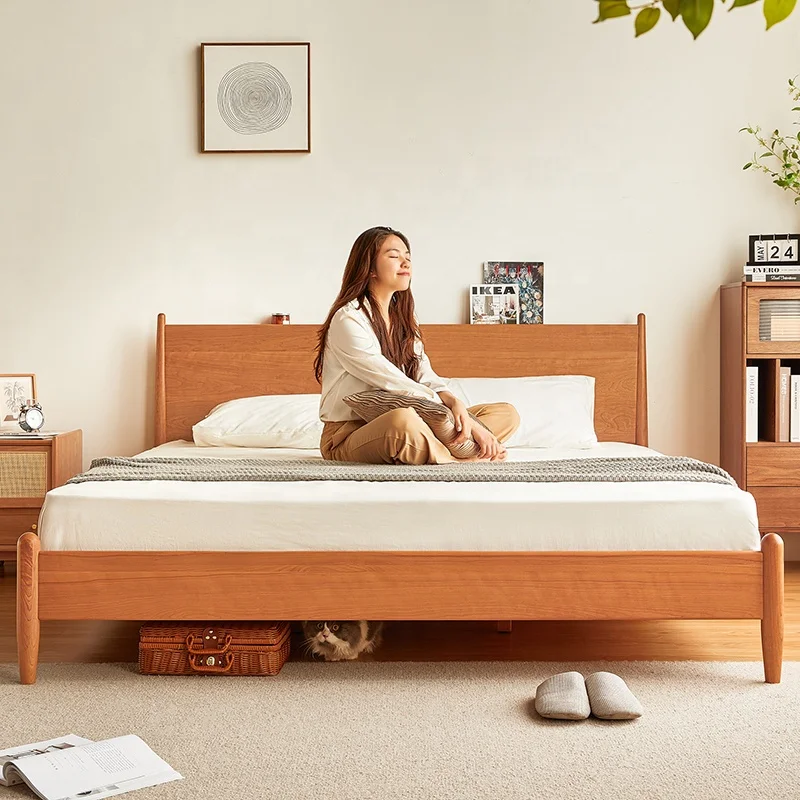 Cherry Solid Wood Simple Queen Bed Japanese Style White Oak Double King Bed with USB Interface