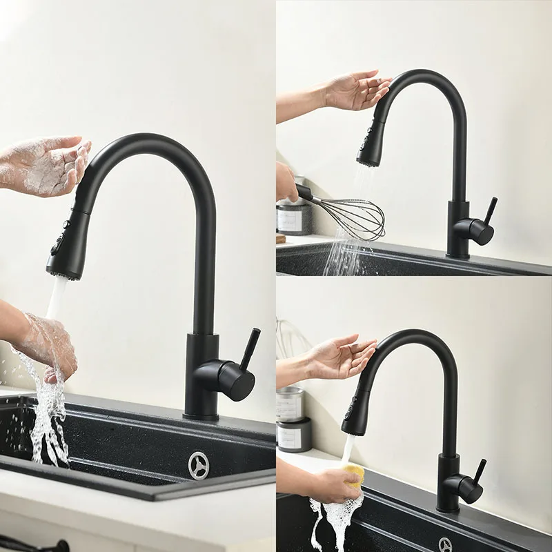 304 Kitchen Faucets Stainless Steel Pull Out Spray Kitchen Faucet Matte Black Single Handle UPC Faucets