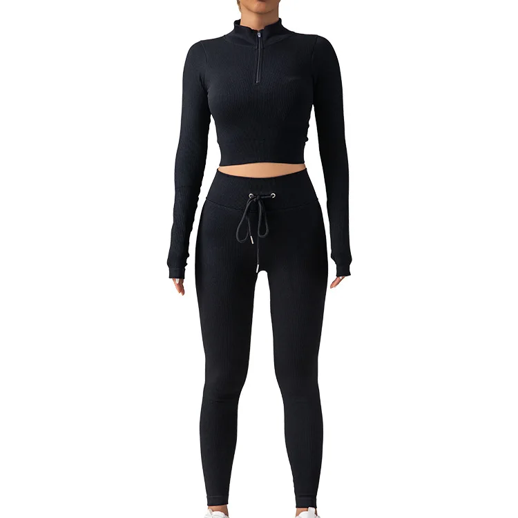 NEW Women  Yoga Wear 2-Pcs Set Zips  Long Sleeve Drawstring Pants Seamless Push Up Sports Wear And Fitness