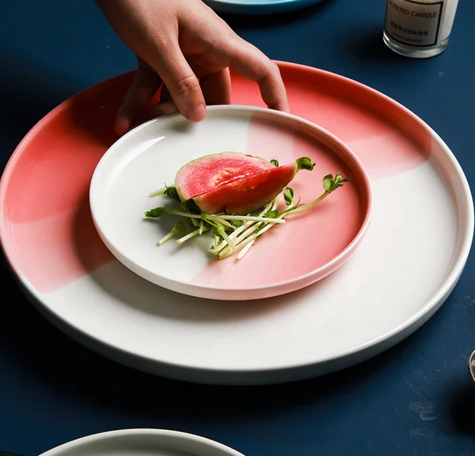 Table ware Nordic Creative Steak Round Charger Plate Blue Pink Ceramic Dishes Plates