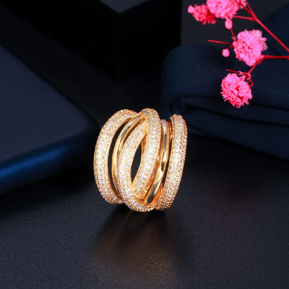 Personalized Multi Layered Twist Lines Luxury African Cubic Zircon Big Wedding Engagement Ring for Women Dubai Gold Filled Ring