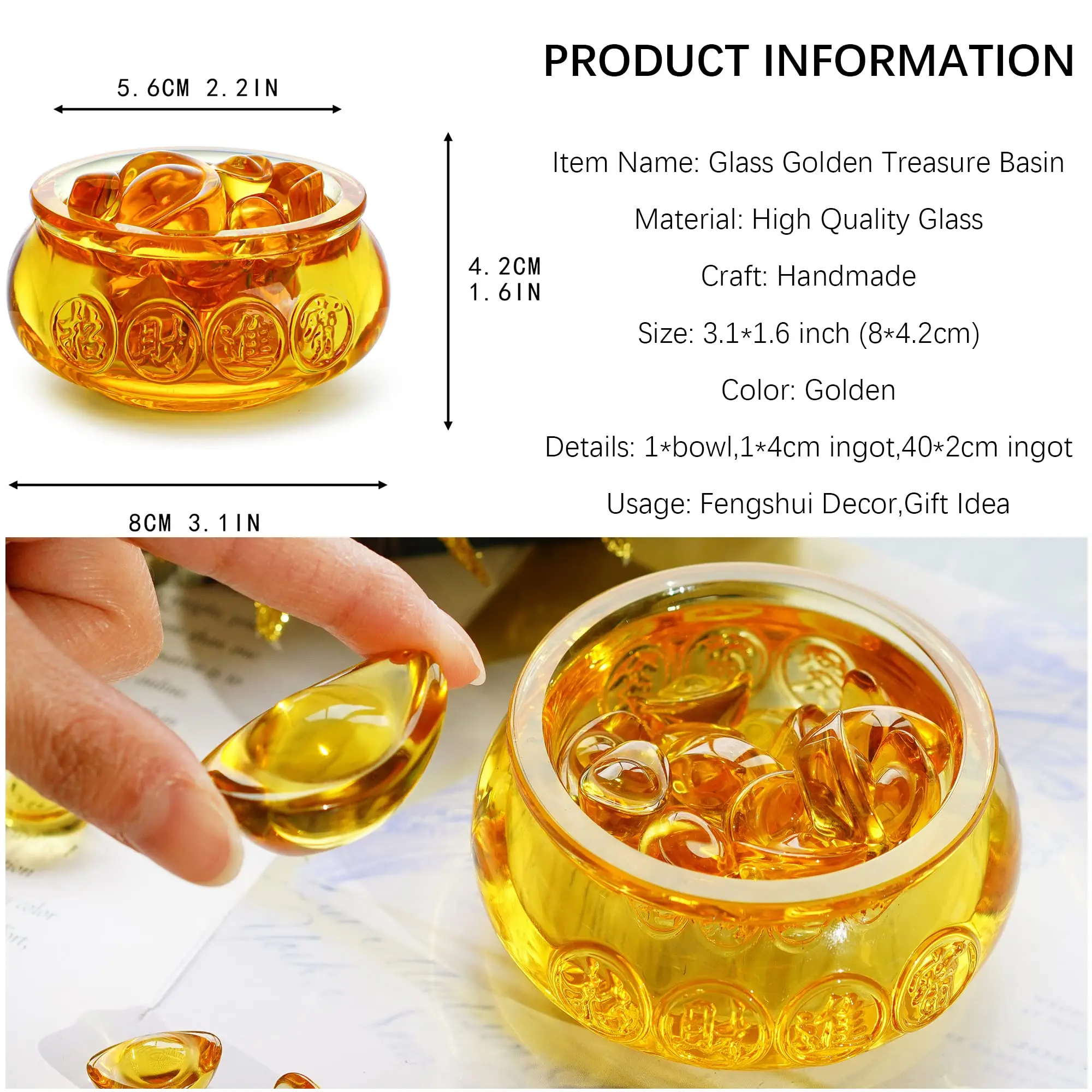3' Handmade Crystal Glass Golden Treasure Basin with 41pcs Yuan Bao Good Luck Wealth Prosperity Collectibles Feng Shui Decor