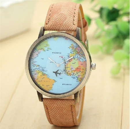 Cool Mini World Fashion Quartz Watch Men Unisex Map Airplane Travel Around The World Women Leather Dress Wrist Watches D30
