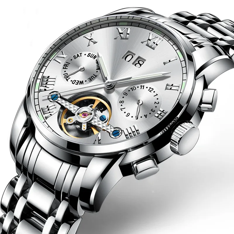 
Swiss mens watches business automatic skeleton tourbillon stainless steel relojes 