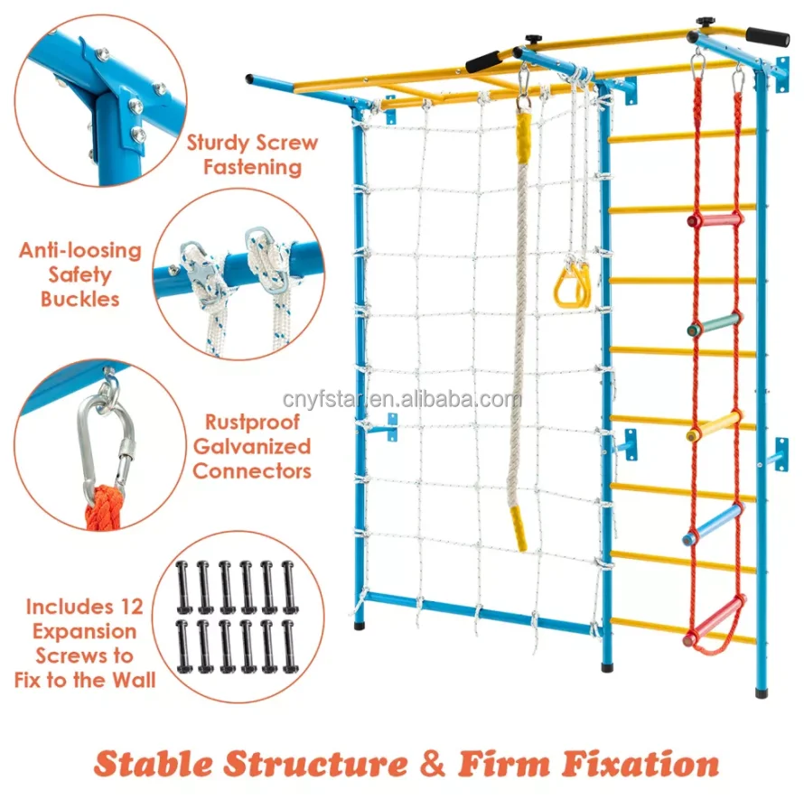 Factory Price Wall Mounted Kids Jungle Gym Indoor Playground Climbing Set with Swedish Ladder and Rope Wall