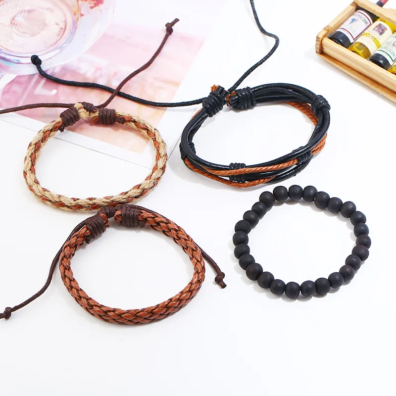 Vintage wood Wooden beads PU leather Woven Ethnic adjustable men bracelet