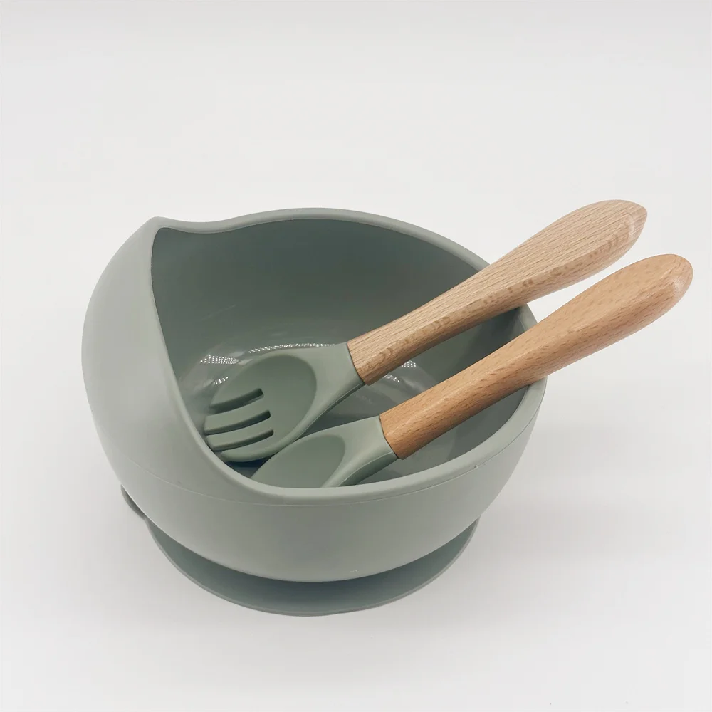 EN71 BPA Free Baby Eating food bowls Products Silicone Baby kids Feeding Set dinner suction Bowl and Spoon Fork set Supplies