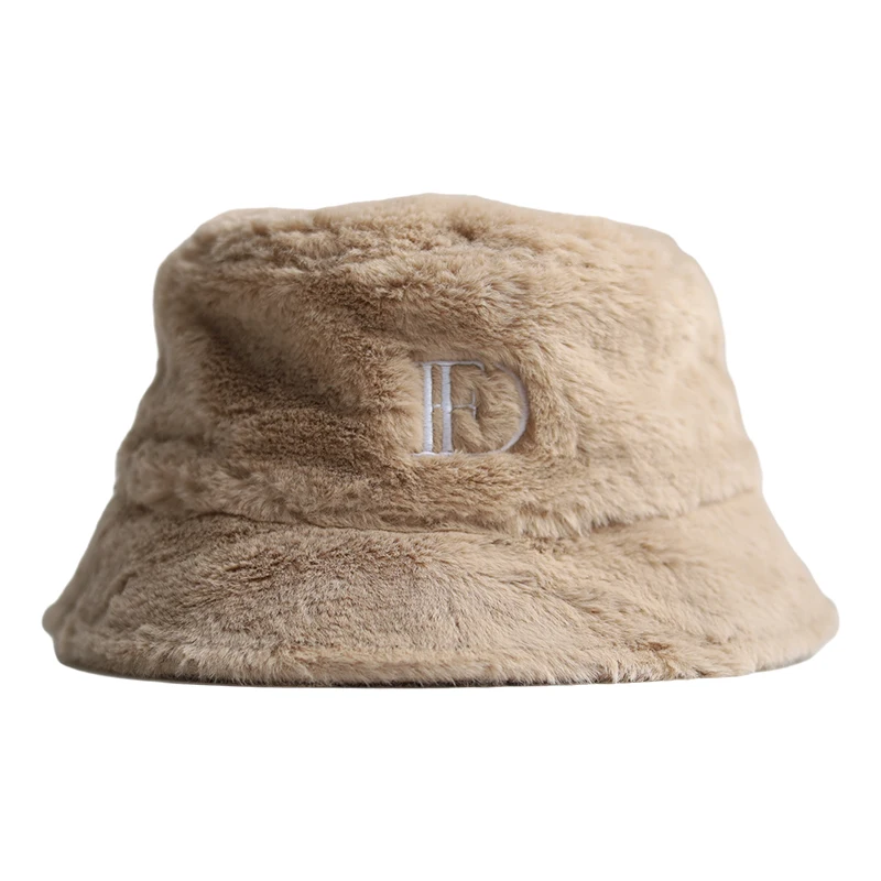 Hot sale winter custom khaki embroidery logo wholesale designer custom fuzzy fur bucket hat for woman