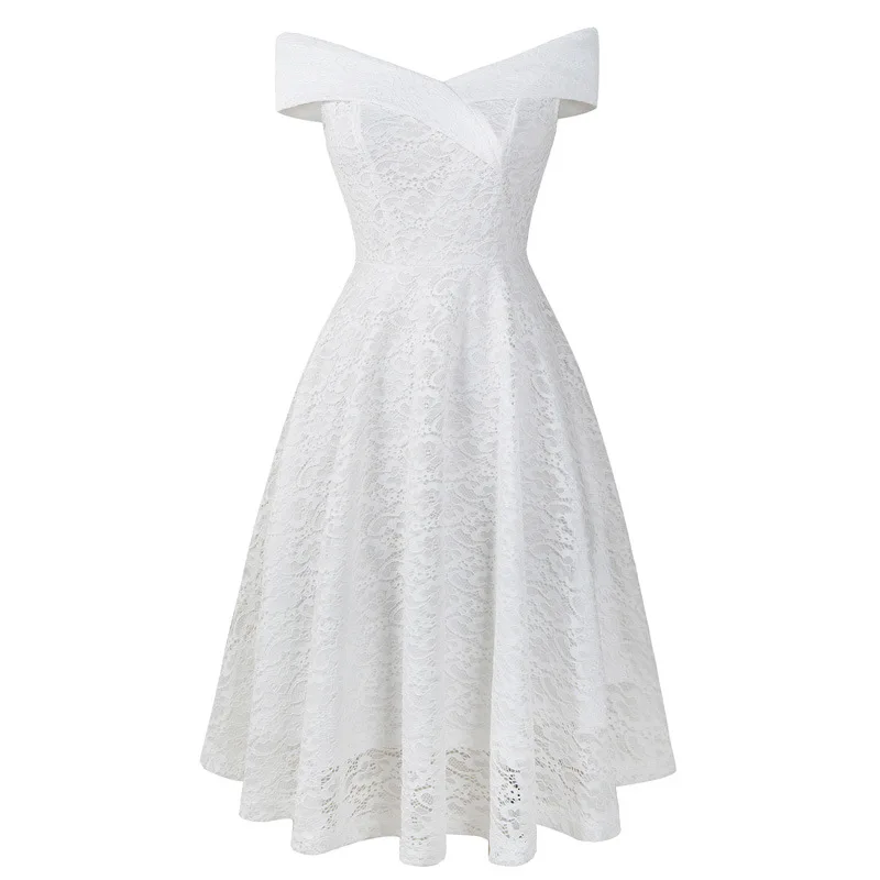 Magicmk Vintage Elegant White Floral Lace Women Midi Dress Evening Party Robe Ladies Dresses A Line Bow Dress