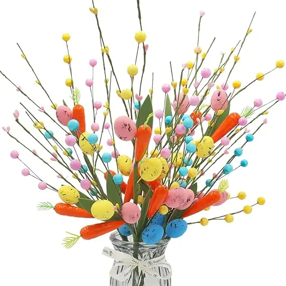 2024 New Hot Easter Eggs Carrots and Berries Spring Flower Stems Thin Branches Easter Decorations