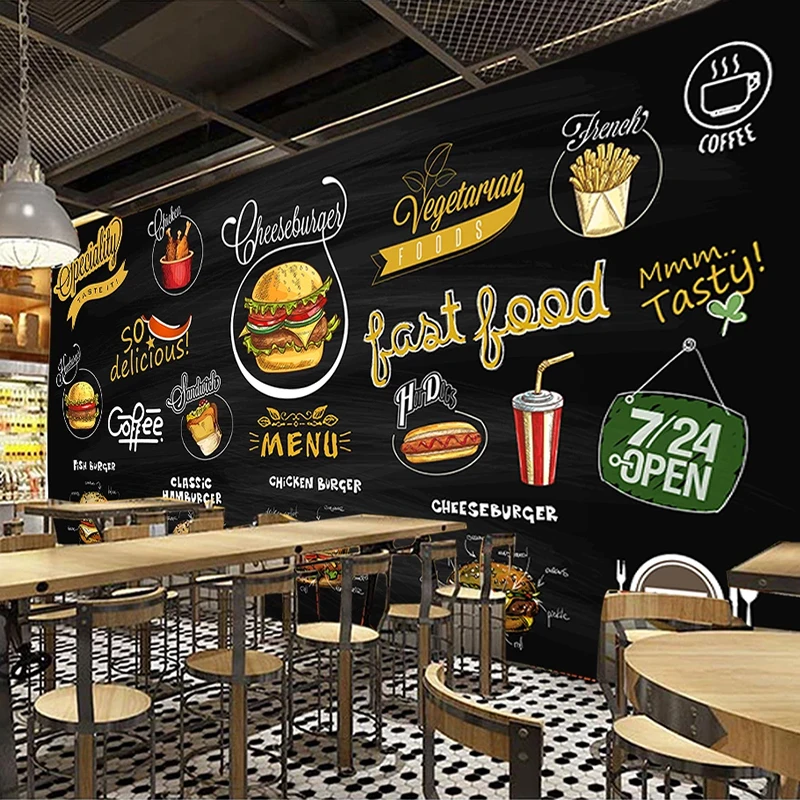 Custom Mural Hand Painted Blackboard Pizza Hamburger 3D Photo Wallpaper Kitchen Restaurant Background Wall Decor Papier Peint