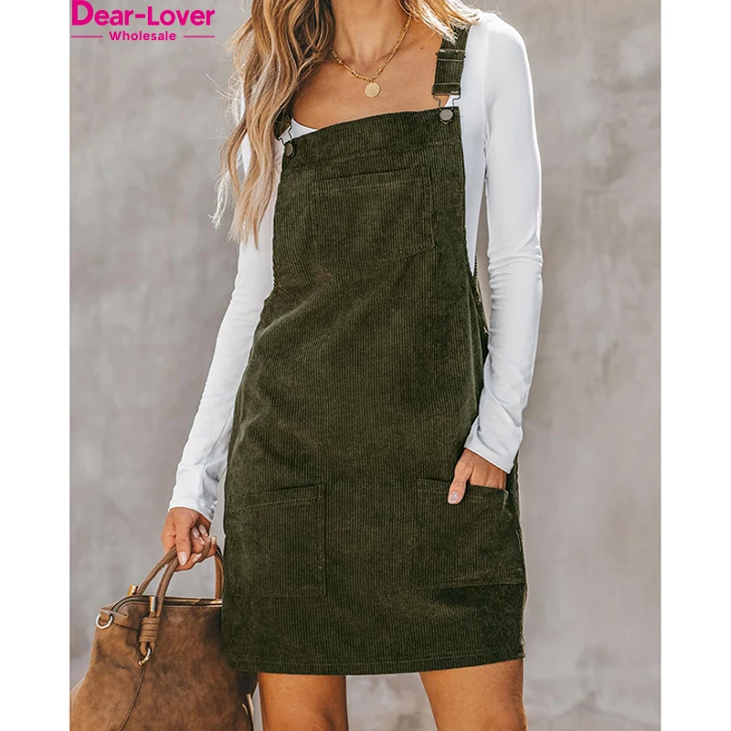 Dear-Lover Wholesale Fast Shipping Overall Dress Corduroy Fabric Sleeveless Knitted Mini Dress With Front Pockets
