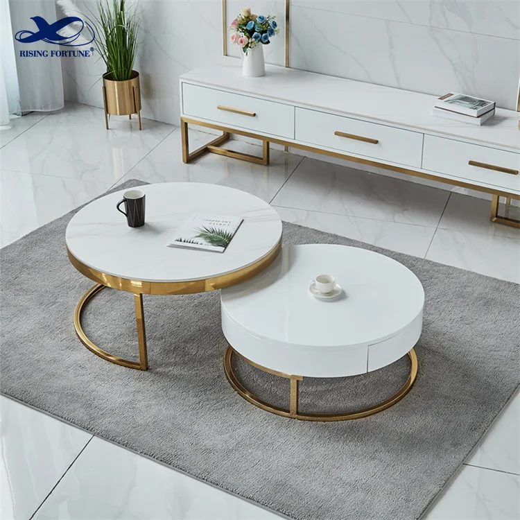 Contemporary Round Nesting Coffee Table Bent Black Gold Metal Side Glass Marble Stone mdf Wood Nest of 3 Table Set Nesting Table