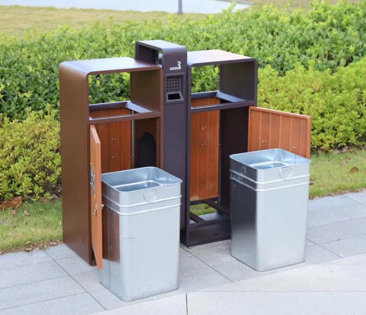 Outdoor Recycling Trash Can with Durable Litter Bin Plastic Wood Outdoor Double waste bin with ash try