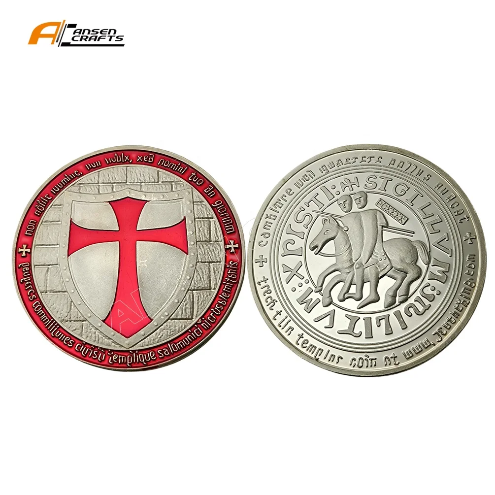 High Quality Royal Cross Shield Knights Coin Custom Special Christian Church  Coin Silver Plated Red Cross Coin